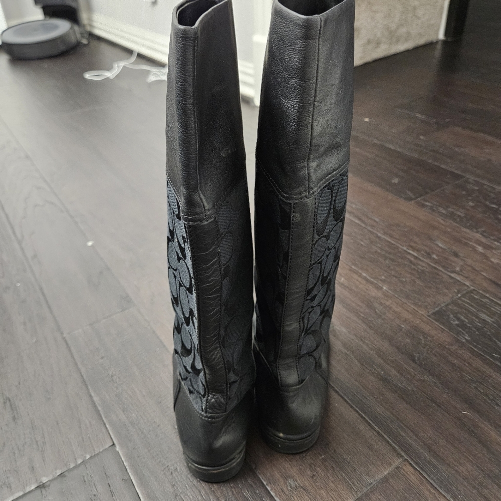 Coach Chrissi Signature black leather and fabric riding boots size 7.5 B - Picture 5 of 11